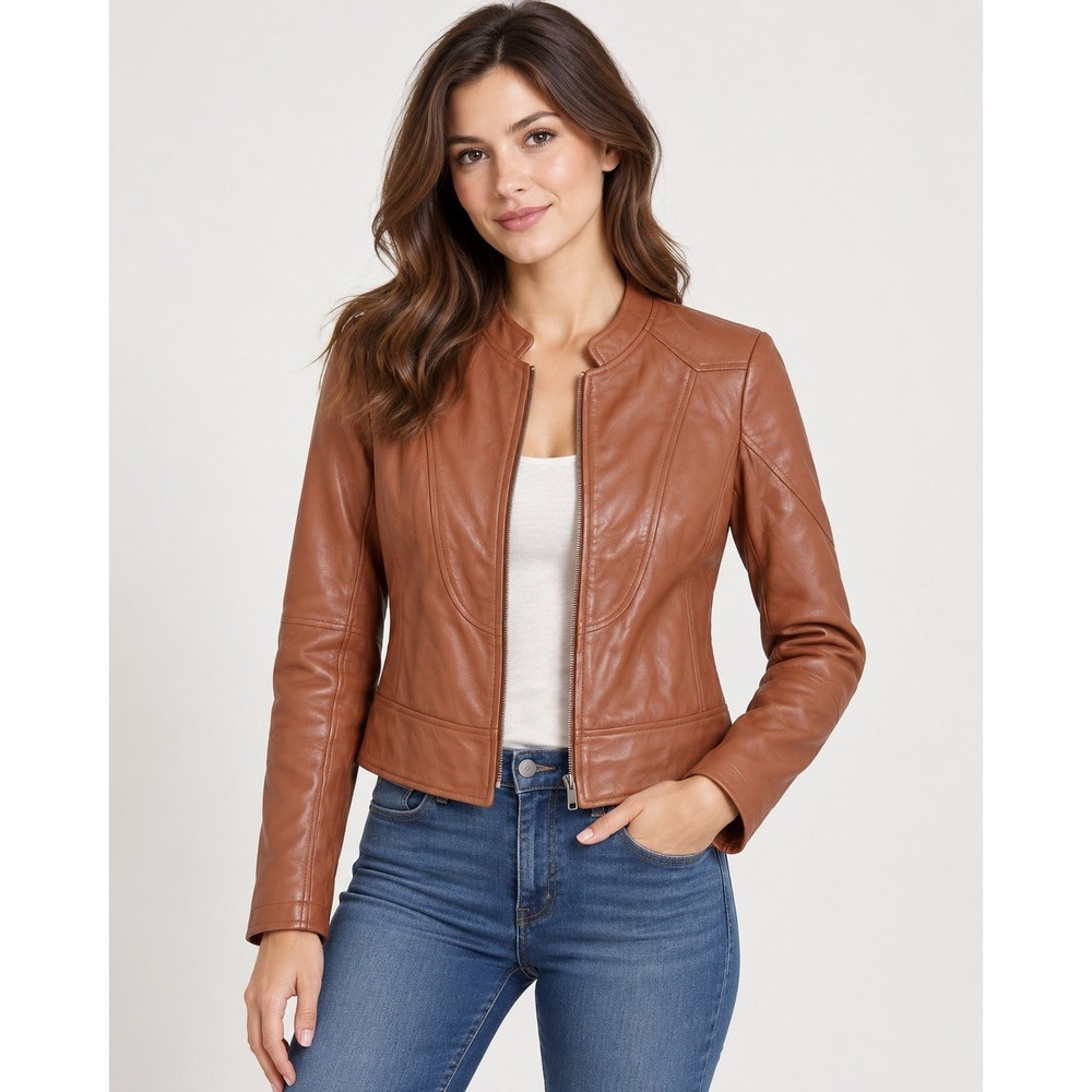 Real Leather Women's Tan Brown Cafe Racer Motorcycle Jacket Sz Small